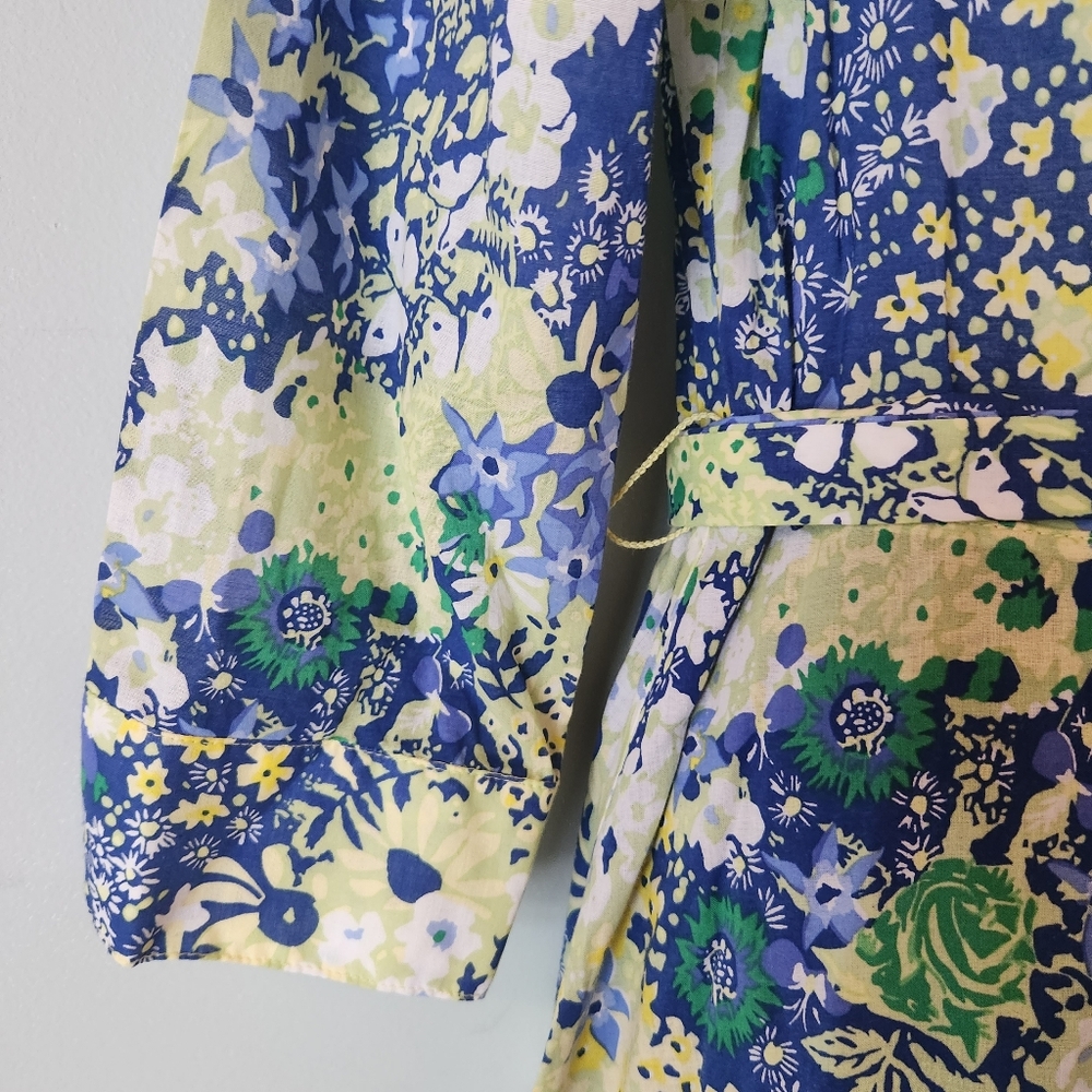 Floral Blue and Yellow Midi Dress with Tie Waist - Picture 6 of 10